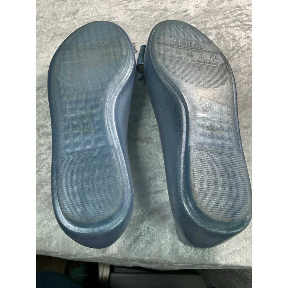 Melissa Mel Girls Size 3 Light Blue Glitter Jelly Ballet Flats Bow Slip On Shoes